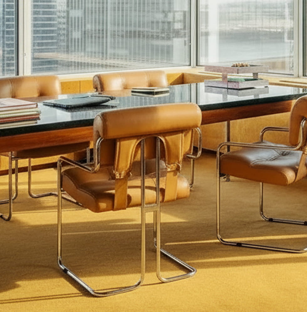 Modern office meeting room with brown leather chairs around a black glass table and large windows overlooking a cityscape.