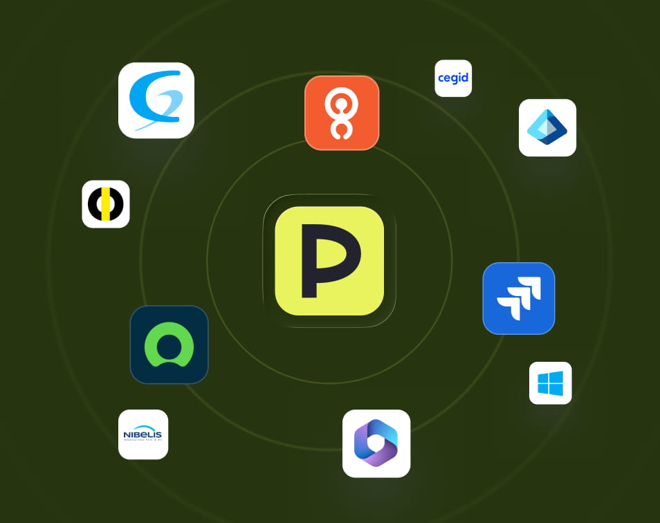 Yellow square logo with letter P at center surrounded by various software logos including Jira, Microsoft Azure DevOps, Windows, and others on a dark green background with concentric circles.