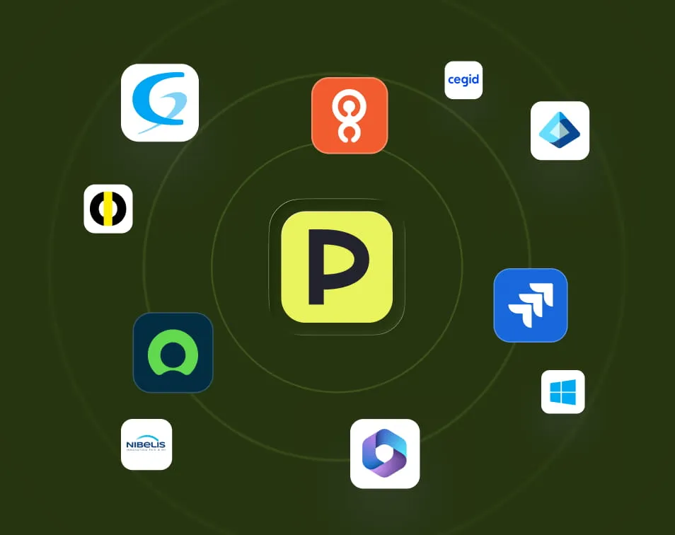 Yellow square logo with letter P at center surrounded by various software logos including Jira, Microsoft Azure DevOps, Windows, and others on a dark green background with concentric circles.