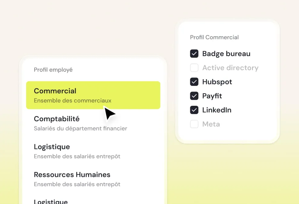 User interface showing selected 'Commercial' employee profile highlighted in yellow, with related commercial apps Badge bureau, Hubspot, Payfit, and LinkedIn checked.