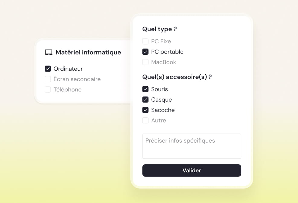 Computer hardware form with checkboxes in French, showing selected options for laptop type and accessories like mouse, headset, and bag, with a submit button labeled 'Valider'.