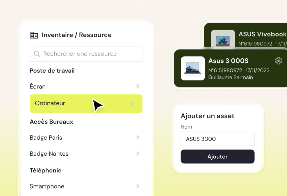 Inventory and resource management interface showing categories like computer, badges, and smartphone with a cursor hovering over 'Ordinateur'.