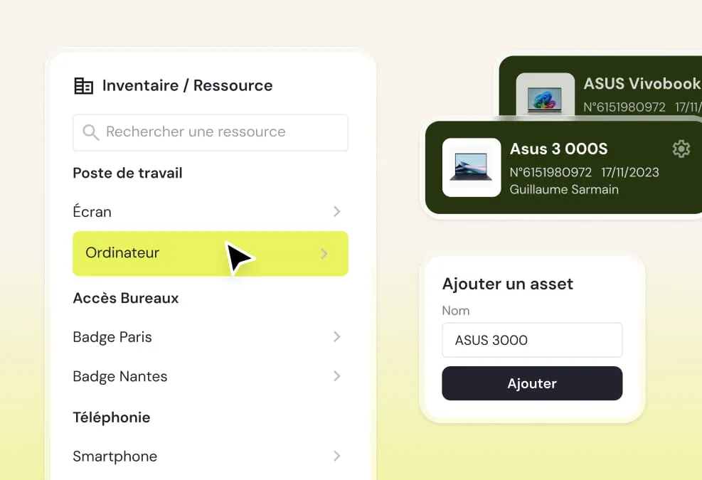 Inventory and resource management interface showing categories like computer, badges, and smartphone with a cursor hovering over 'Ordinateur'.
