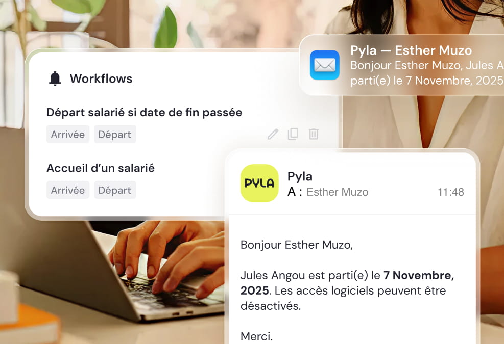 Close-up of hands typing on a laptop keyboard with overlaid notifications and workflow messages in French about employee departures and arrivals.