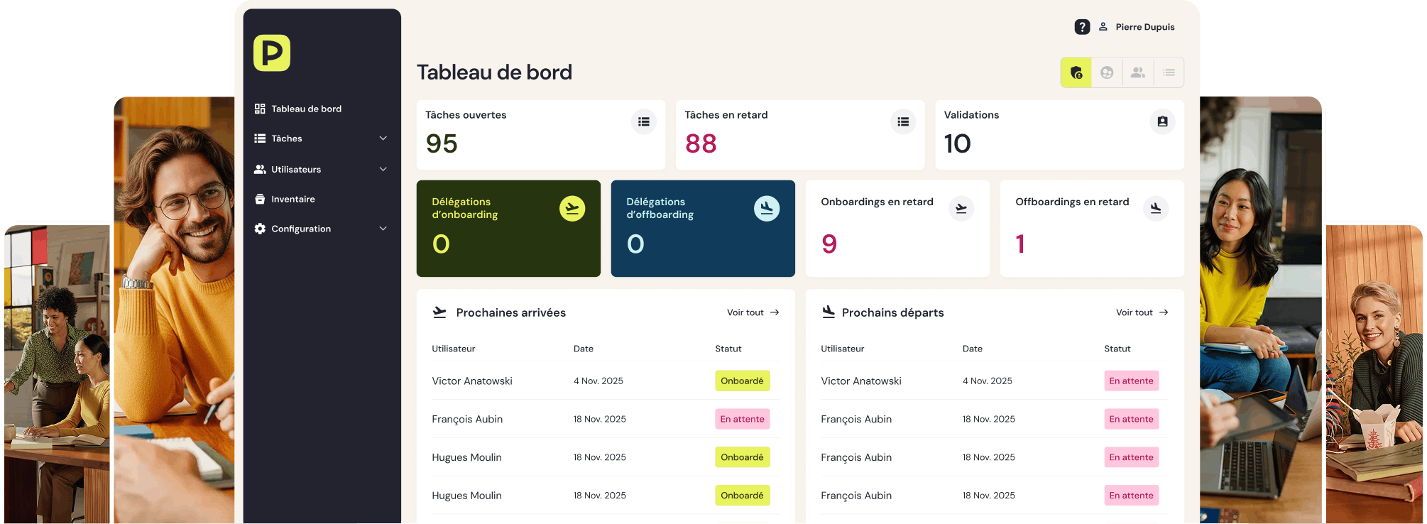 User interface dashboard in French showing open tasks, overdue tasks, validations, onboarding and offboarding delegations, and lists of upcoming arrivals and departures, with a sidebar menu and user profile.