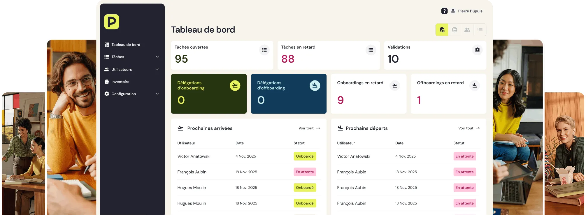 User interface dashboard in French showing open tasks, overdue tasks, validations, onboarding and offboarding delegations, and lists of upcoming arrivals and departures, with a sidebar menu and user profile.
