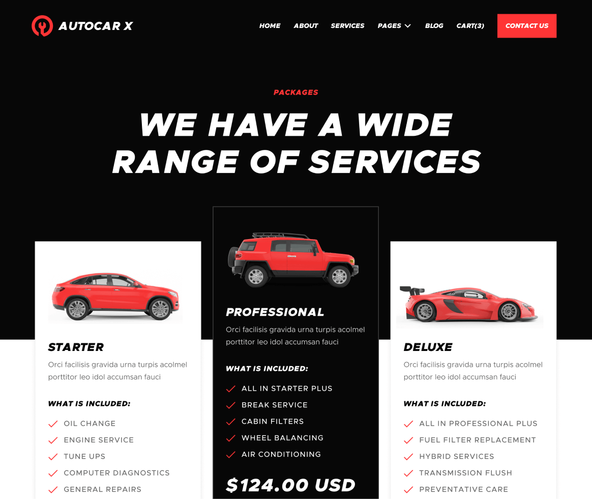 Autocar - Packages page - Automotive Webflow Template