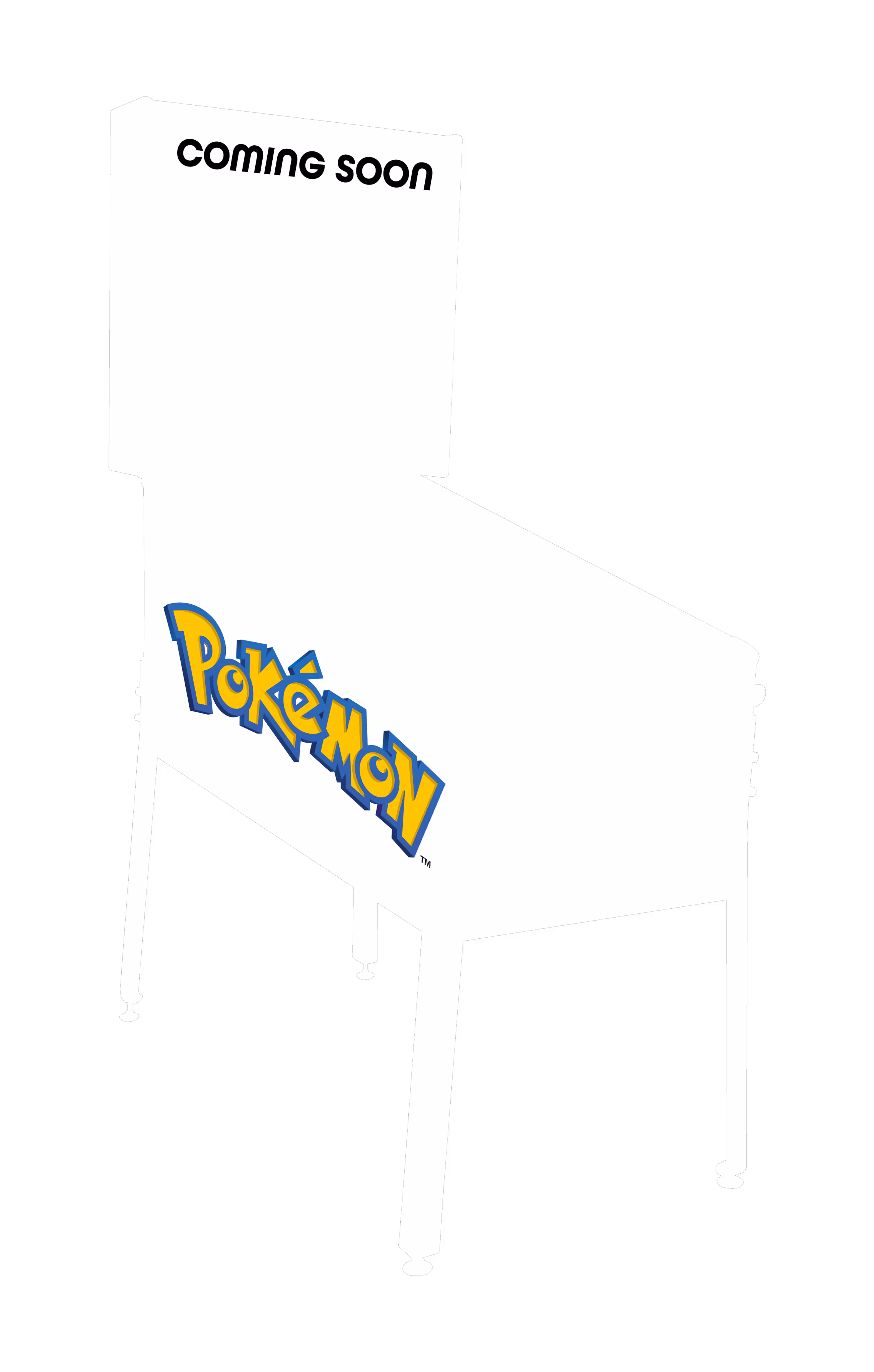 White pinball machine with Pokémon logo on the side and 'coming soon' text at the top.
