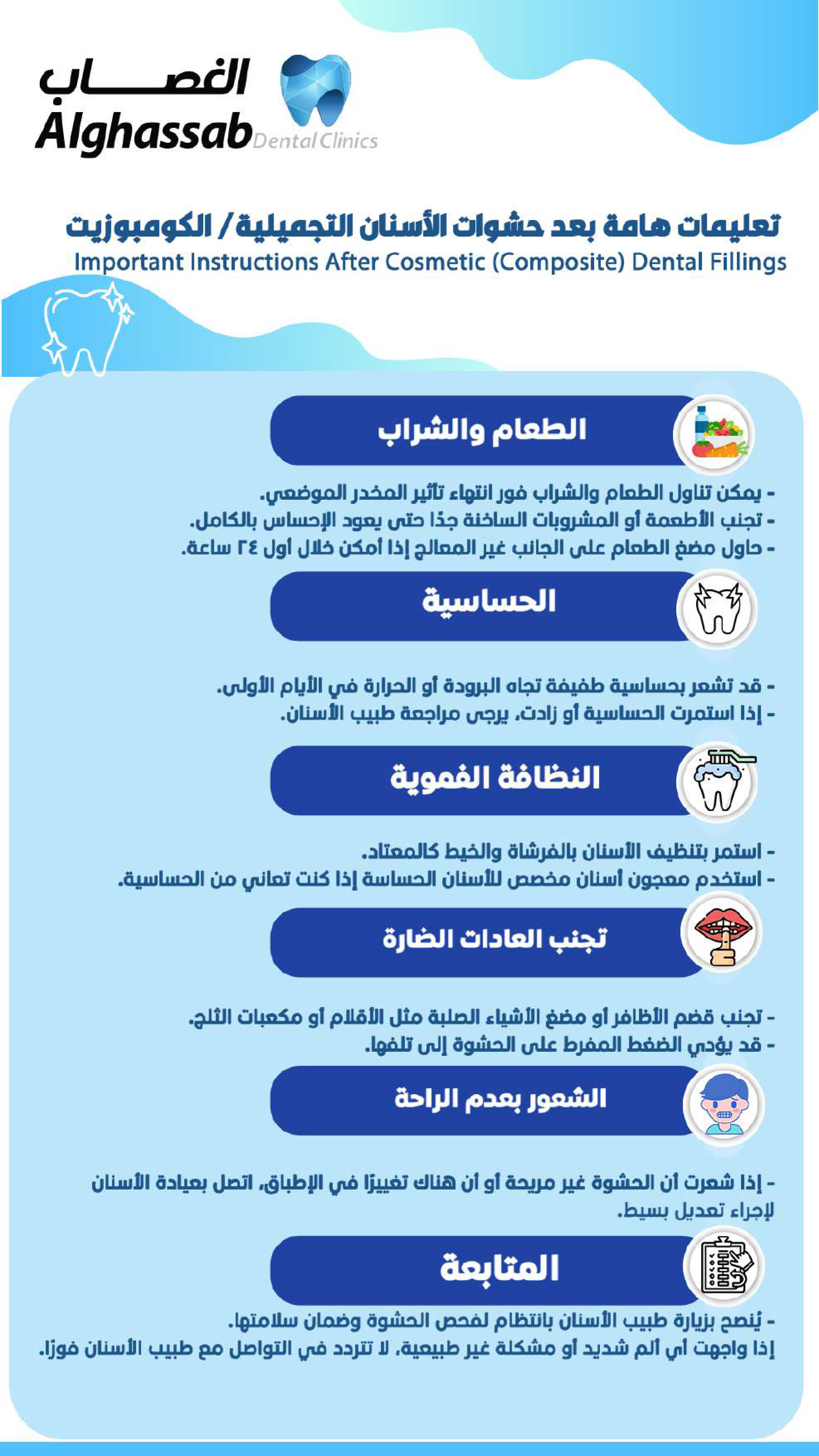 تعليمات هامة بعد حشوات الأسنان التجميلية/ الكومبوزيت