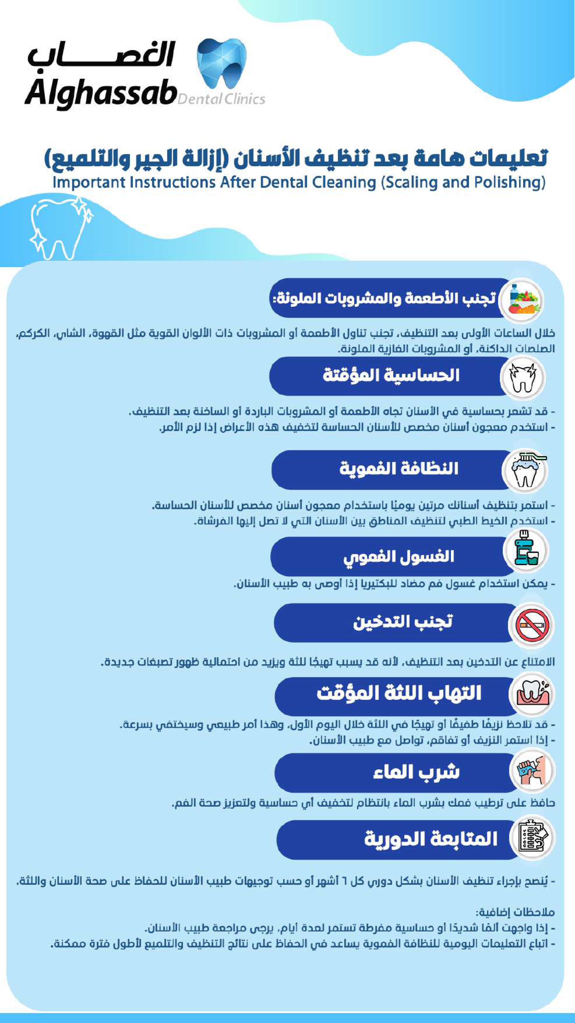 تعليمات هامة بعد تنظيف الأسنان (إزالة الجير والتلميع)