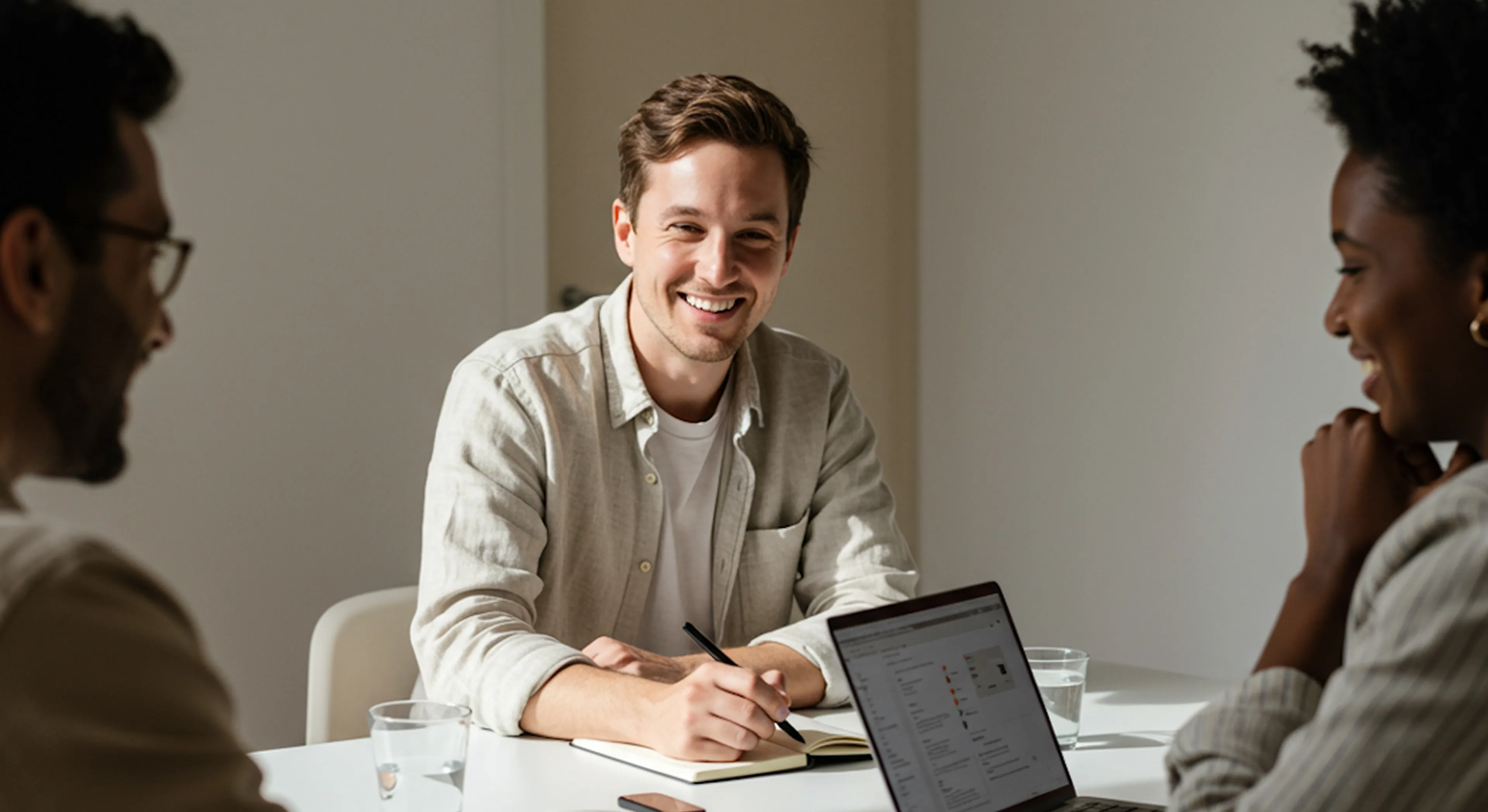 Three people in a meeting room smiling and engaging around a table with a laptop and notebooks.