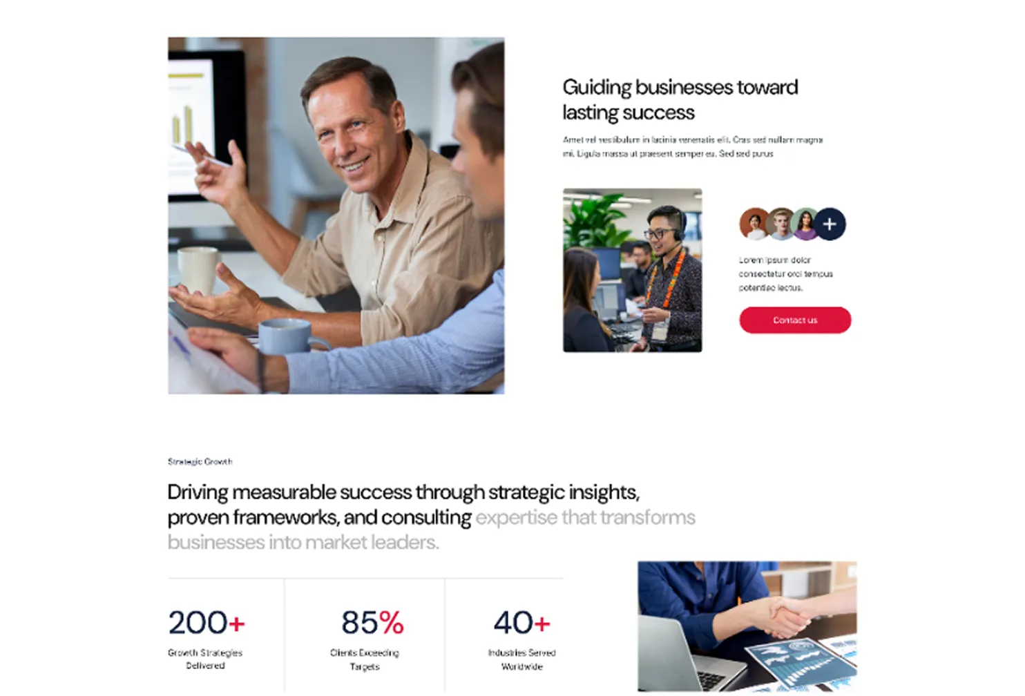 Business meeting with man explaining data on a screen, alongside text about driving measurable success through strategic insights, and statistics showing 200+ growth strategies delivered, 85% clients exceeding targets, and 40+ industries served worldwide.