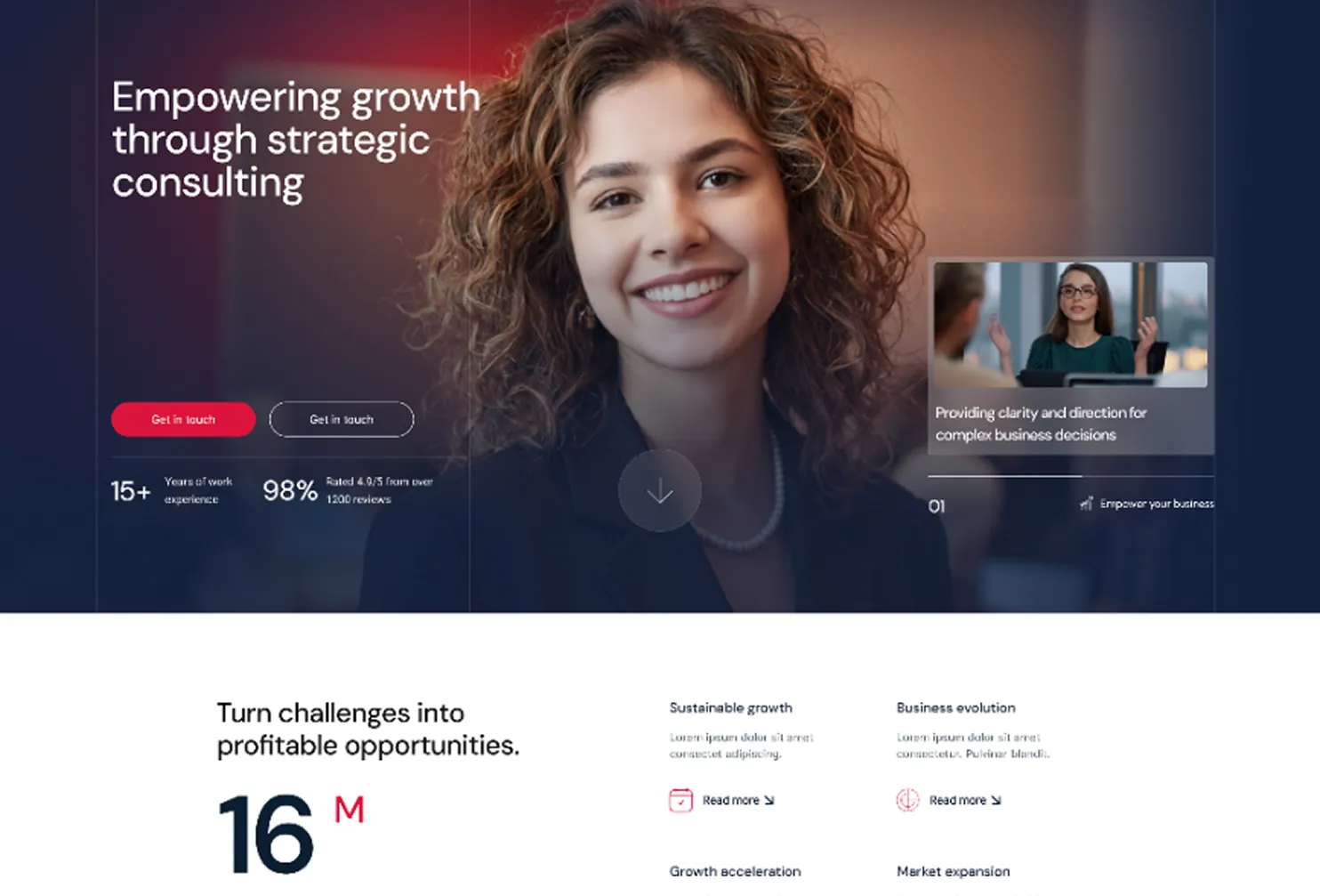 Smiling woman with curly hair in business suit with text about strategic consulting, business growth, and services.