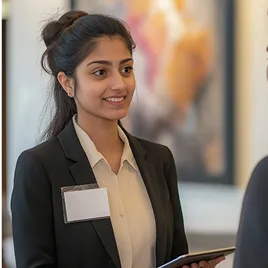 Smiling young woman in business attire holding a tablet, speaking with another person.