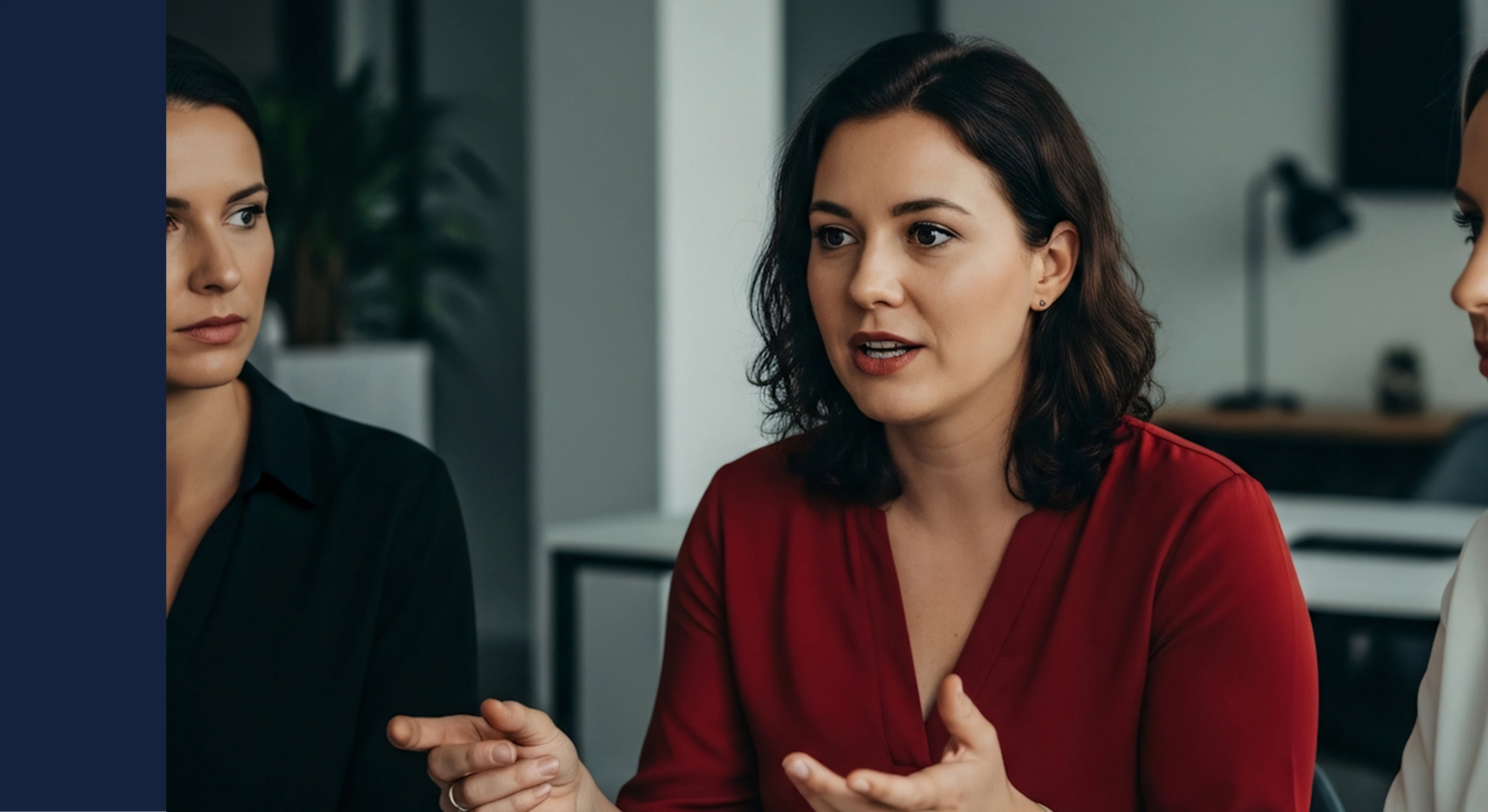 Three women engaged in a serious conversation in an office setting, with the woman in the center speaking and using hand gestures.