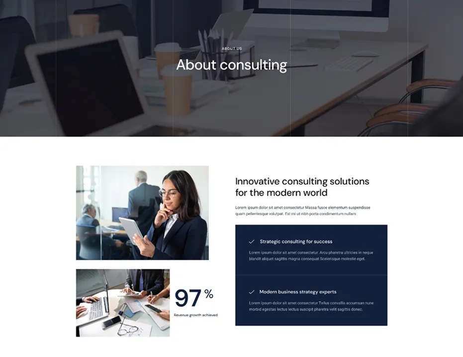 Business consulting webpage showing a woman in a navy blazer using a tablet, a team meeting, and text about innovative consulting with 97% revenue growth.