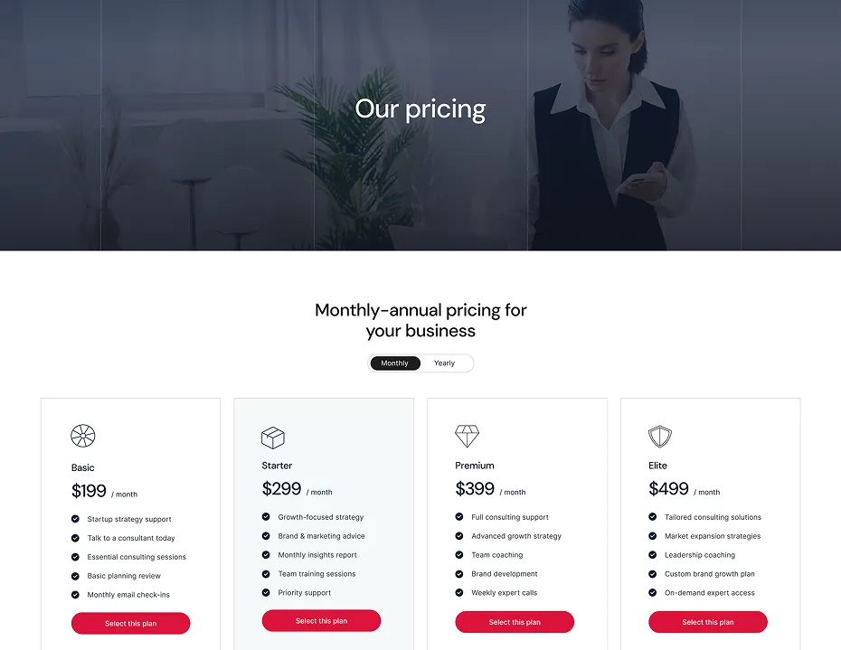 Pricing plans for business with four options: Basic $199/month, Starter $299/month, Premium $399/month, Elite $499/month, each listing features and a red select button.