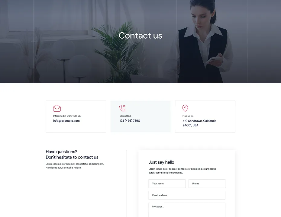 Contact us webpage section with a woman on phone, contact email, phone number, address, and a contact form titled Just say hello.