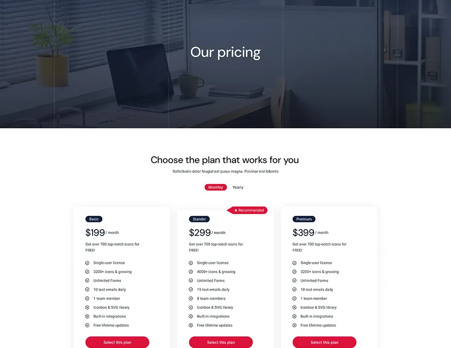 Pricing plans comparison with Basic at $199, Stander at $299 recommended, and Premium at $399 per month, each listing features and select buttons.