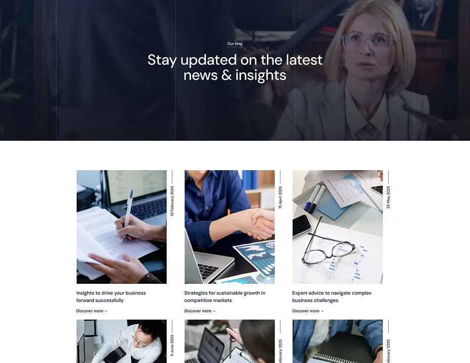 Website blog page header with text 'Stay updated on the latest news & insights' over a background image of two people in a meeting, followed by blog post previews showing images of a person writing, a handshake over charts, and office items with glasses.