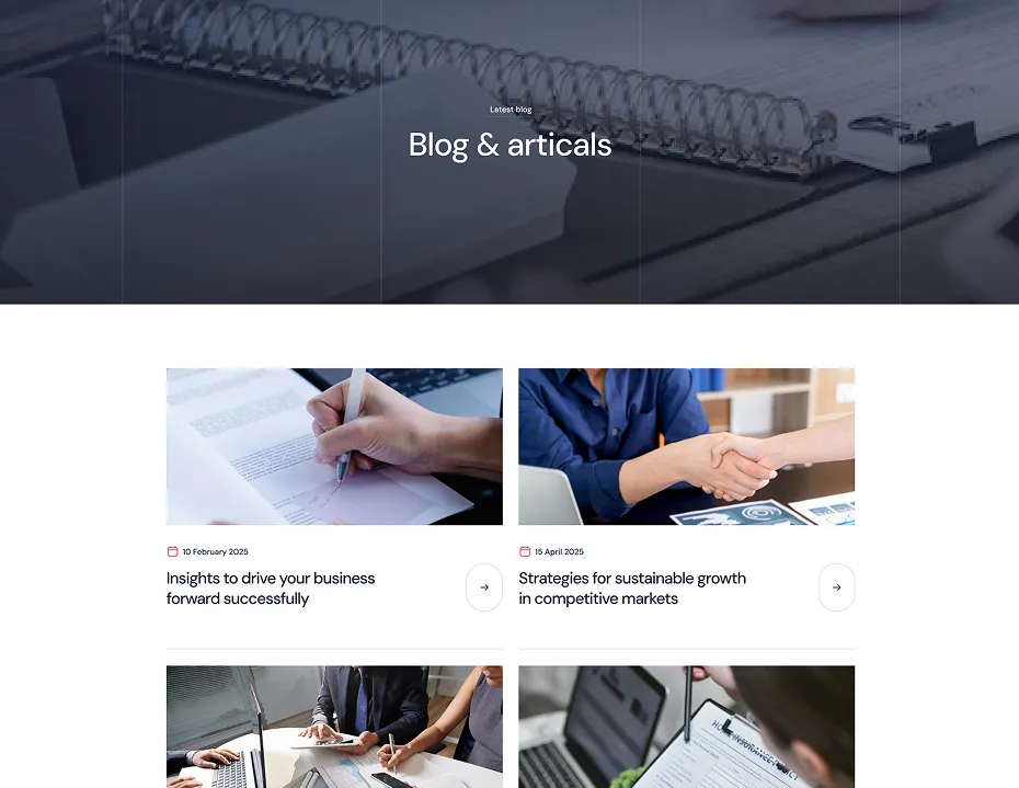 Website blog page showing a header with spiral notebook background and articles with images of a hand signing a document and a handshake.