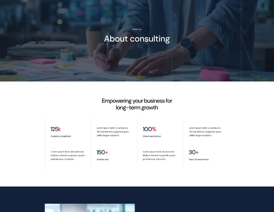 Person writing on a table cluttered with papers and sticky notes, with text about consulting, business growth, and key statistics including projects completed, client satisfaction, awards won, and years of experience.