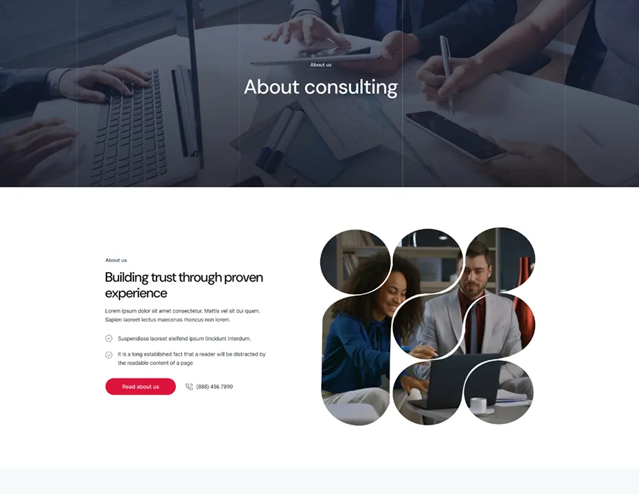 Two colleagues, a woman and a man, working together on a laptop in an office setting with consulting service text on the left.