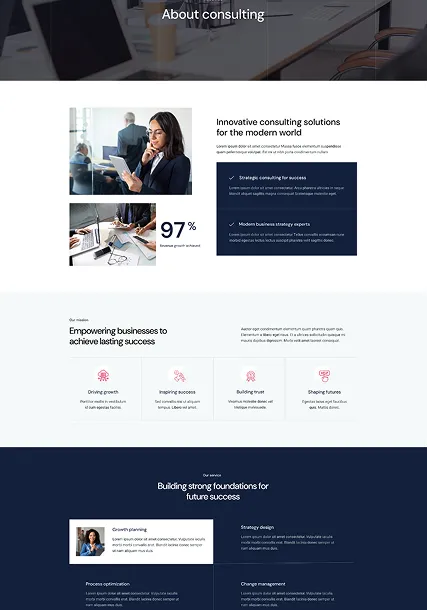 Business consulting webpage section showing a woman reading a document, charts, and text about consulting solutions and business growth strategies.