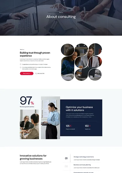 Business consulting webpage with sections on building trust, optimizing business solutions, and innovative growth strategies featuring images of professionals collaborating.