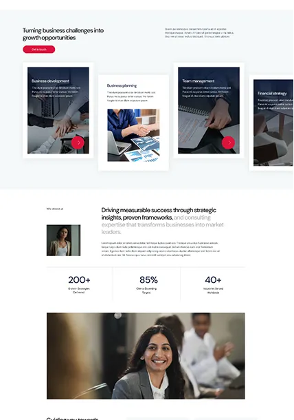 Website section showing business services including business development, planning, team management, and financial strategy, with text on driving measurable success and a smiling businesswoman below.