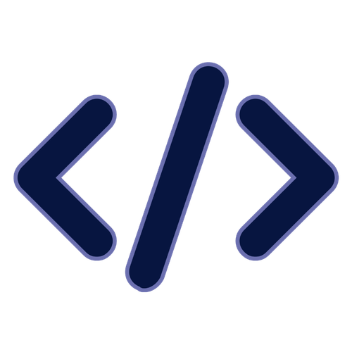 Dark blue coding angle brackets and a forward slash symbol representing code or programming.