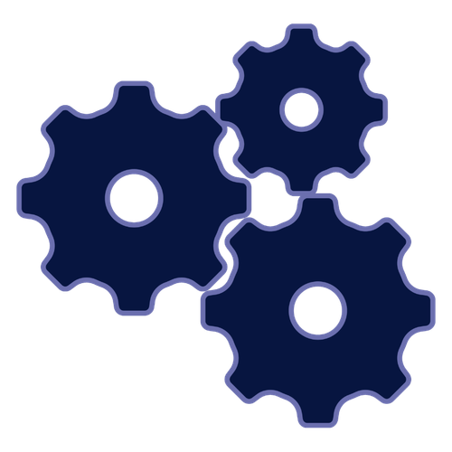 Three interconnected dark blue gears with rounded teeth forming a mechanical system.