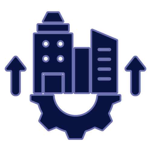 Icon of buildings above a gear with two arrows pointing upward, symbolizing infrastructure growth or development.