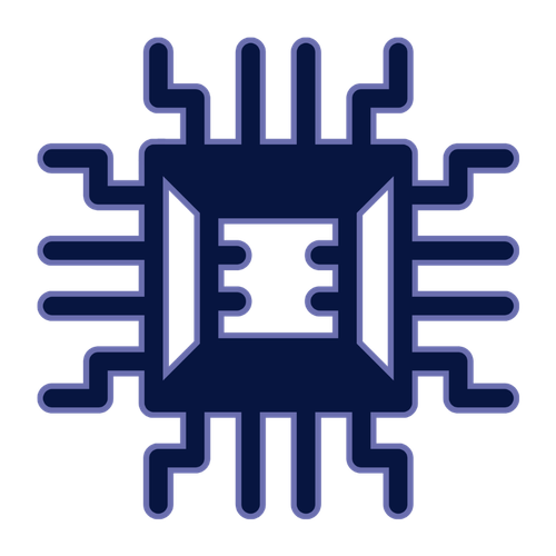Stylized icon of a microchip with circuits extending from a central square representing a semiconductor chip.