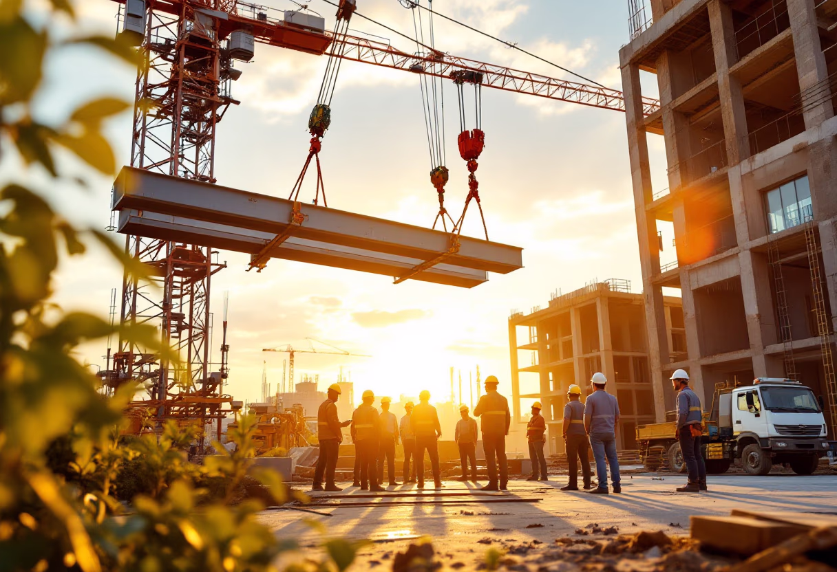 Construction workers with helmets standing near cranes lifting large steel beams at sunset.