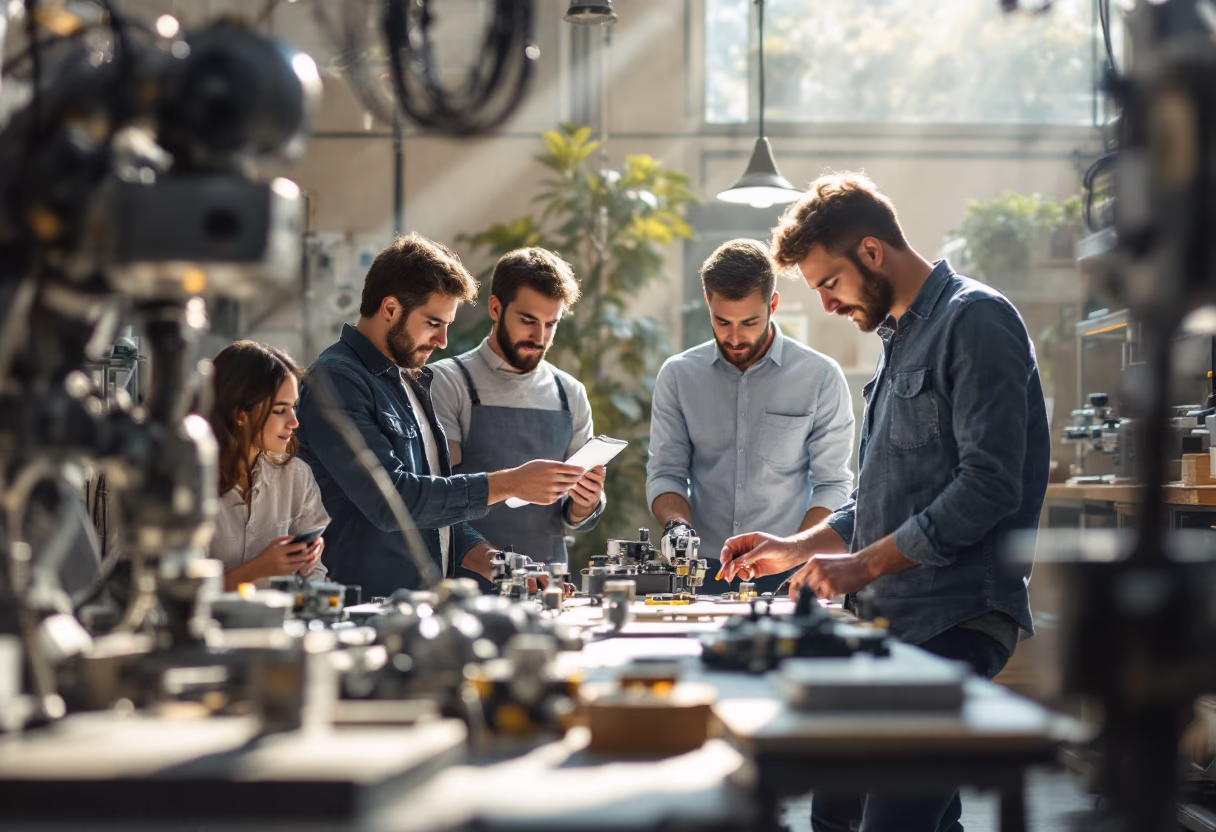 Team members examining equipment components together in a workshop