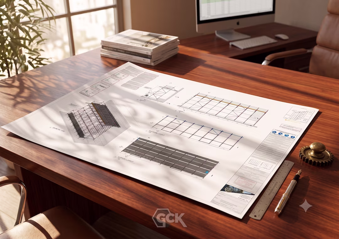 GCK Designs structural drawings for a temporary works platform, shown on an office desk