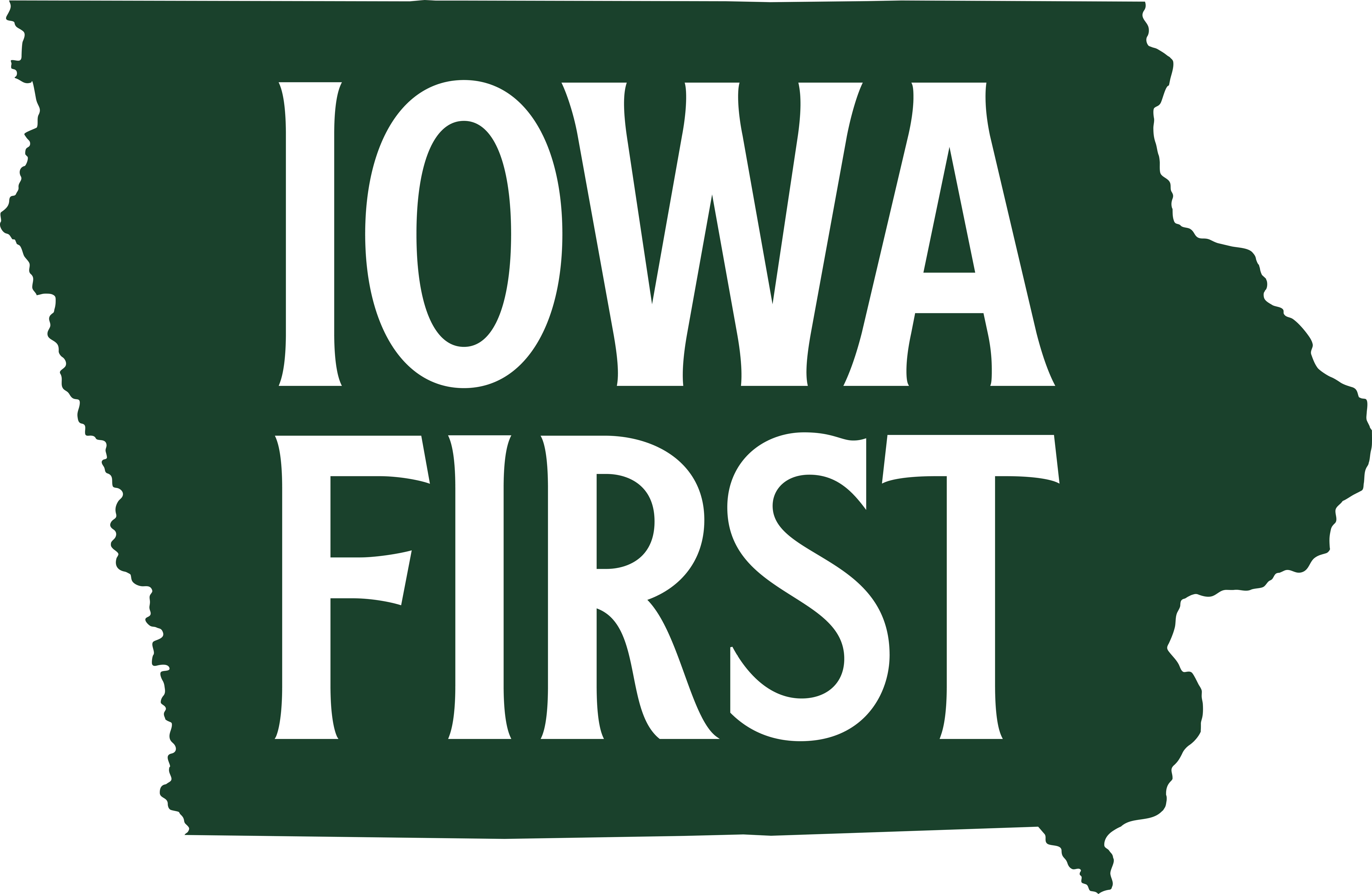 Green map of iowa that says "Iowa first"