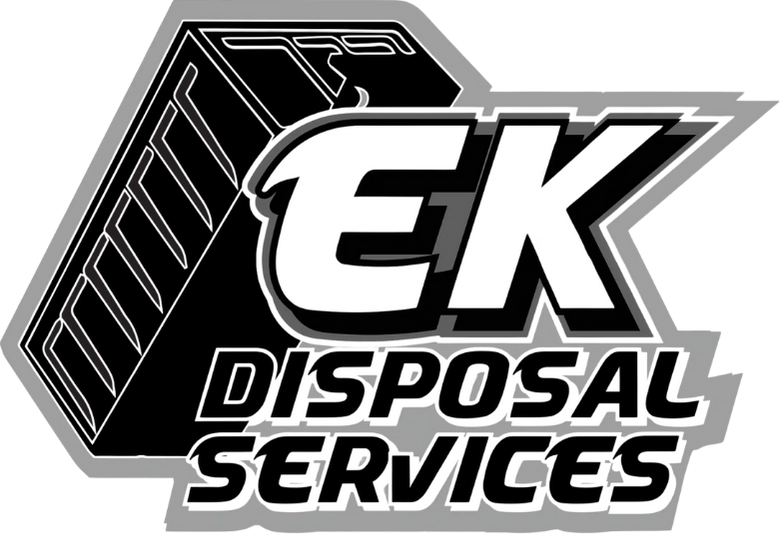 Logo for EK Disposal Services featuring the letters EK over a stylized dumpster icon.