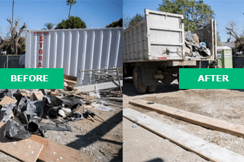 Comparison showing a cluttered yard with debris before and a clean, cleared yard after cleanup.