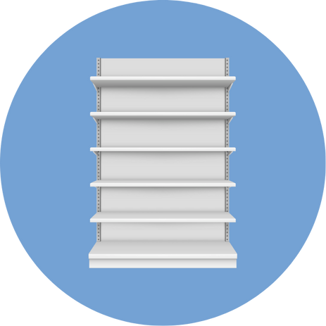 Empty white retail store shelving unit with five shelves against a blue circular background.