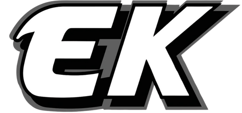 Bold white letters 'E' and 'K' with black and gray shadow outlines.