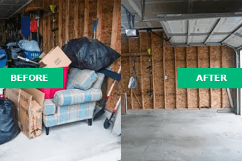 Side-by-side garage photos showing cluttered space with boxes and furniture labeled 'Before' and an empty clean garage labeled 'After'.