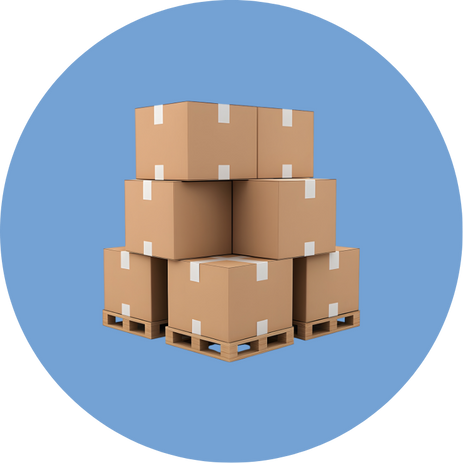 Stack of six sealed cardboard boxes arranged on three wooden pallets against a blue circular background.