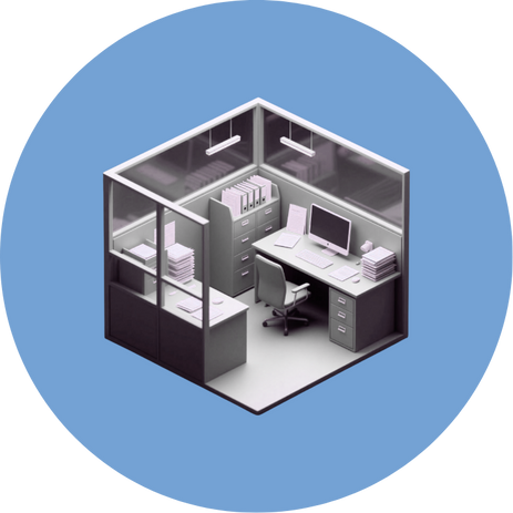 Isometric office cubicle with desk, computer, chair, filing cabinets, and stacks of papers.