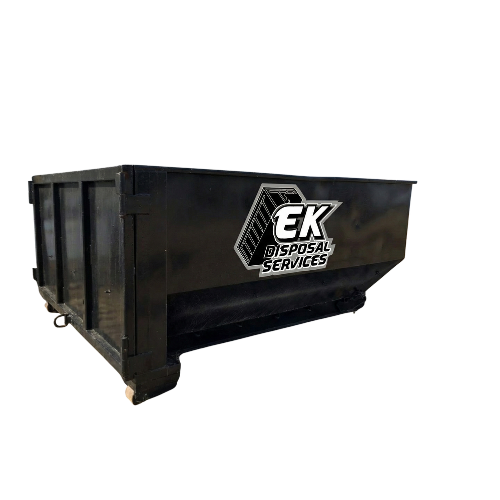 Large black industrial dumpster with EK Disposal Services logo on the side.