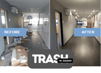Side-by-side comparison of a hallway before and after cleaning: messy with trash and debris on the left, clean and tidy on the right.