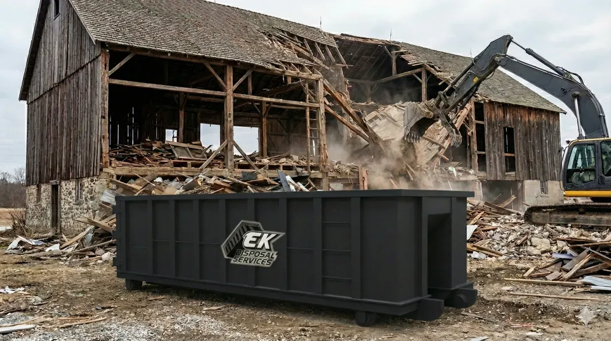 Excavator demolishing old wooden barn with a large black dumpster labeled EK Disposal Services in the foreground.