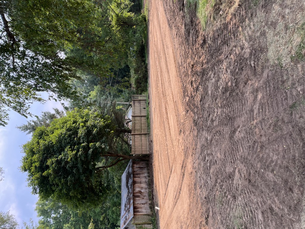 Cleared and leveled dirt area with tire tracks in a backyard near a wooden fence and a small shed under tall trees. EK Disposal Services - Demolition Services.