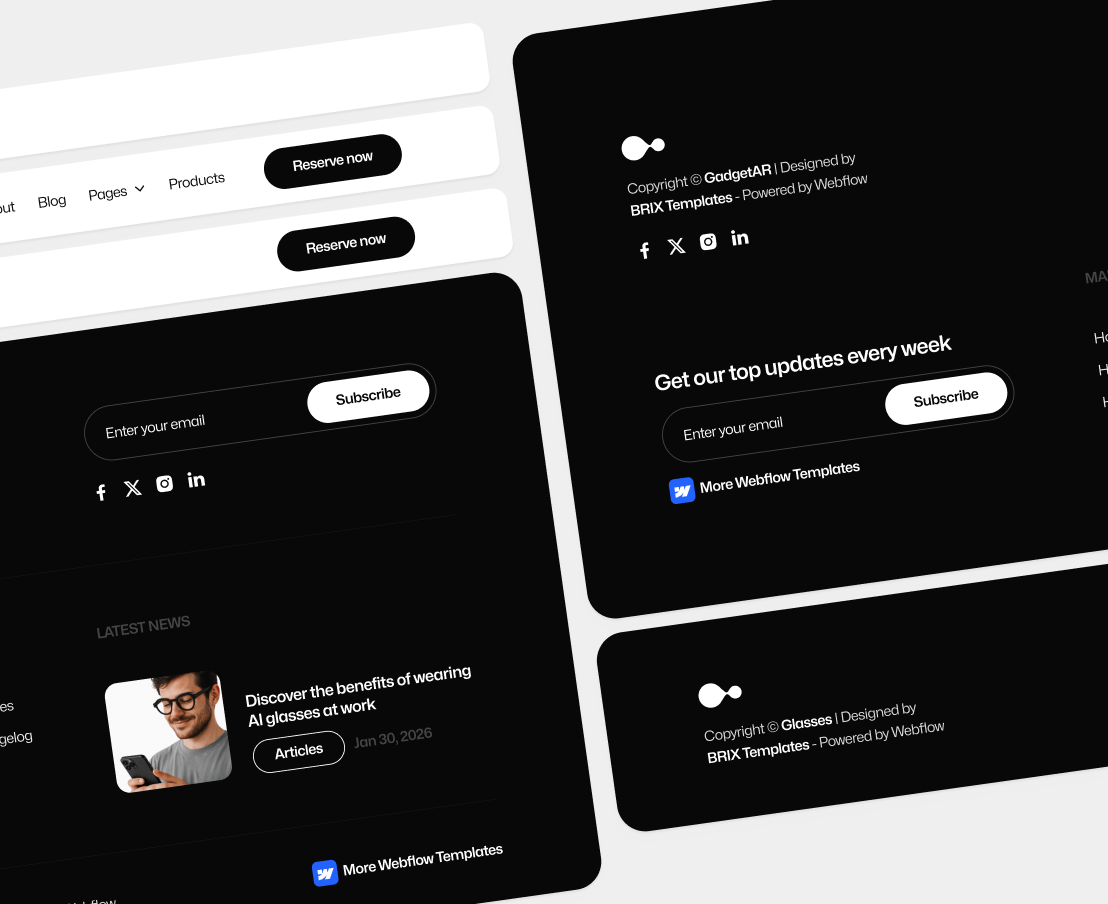 Gadgetar 3 Headers Footers Ai Glasses Webflow Template | BRIX Template